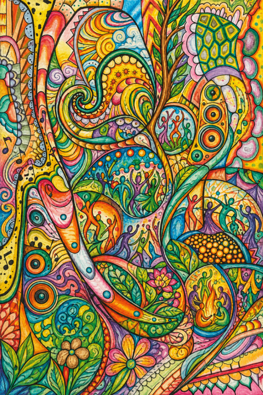 Swirling psychedelic composition with tiny dancing figures.